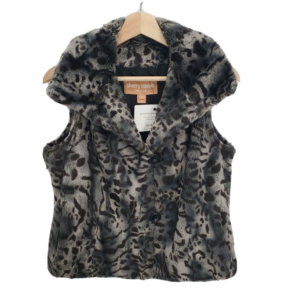 Sherry Cassin Womens Faux Fur Vest Snow Leopard Animal Print Size Small